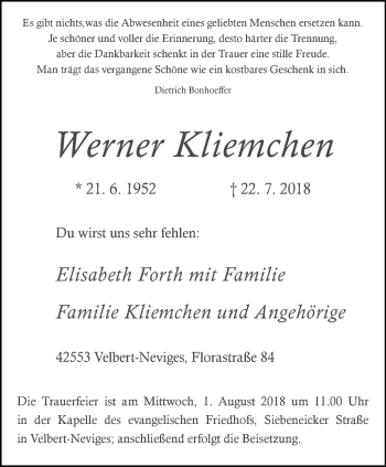 Traueranzeige von Werner Kliemchen von Stadtanzeiger Velbert + Heiligenhaus