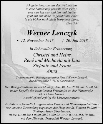 Traueranzeige von Werner Lenczyk von Wochen-Anzeiger Oberhausen