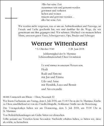 Traueranzeige von Werner Wittenhorst von Stadtanzeiger Emmerich/Rees/Isselburg