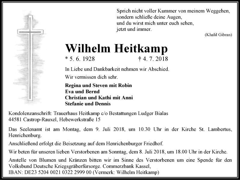  Traueranzeige für Wilhelm Heitkamp vom 07.07.2018 aus Stadtanz.Castrop-Rauxel