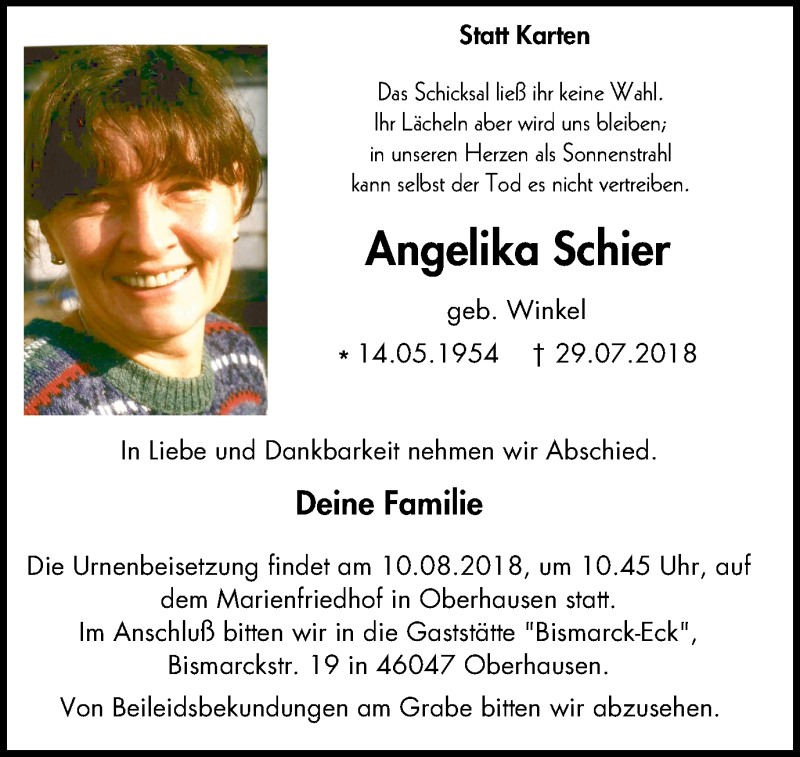  Traueranzeige für Angelika Schier vom 04.08.2018 aus Wochen-Anzeiger Oberhausen