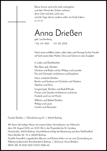 Traueranzeige von Anna Drießen von Stadtspiegel Bottrop