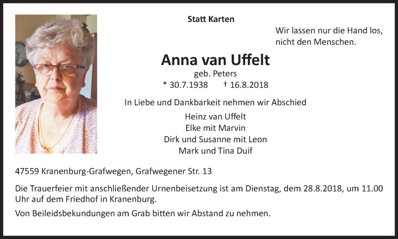  Traueranzeige für Anna van Uffelt vom 25.08.2018 aus Klever Wochenblatt