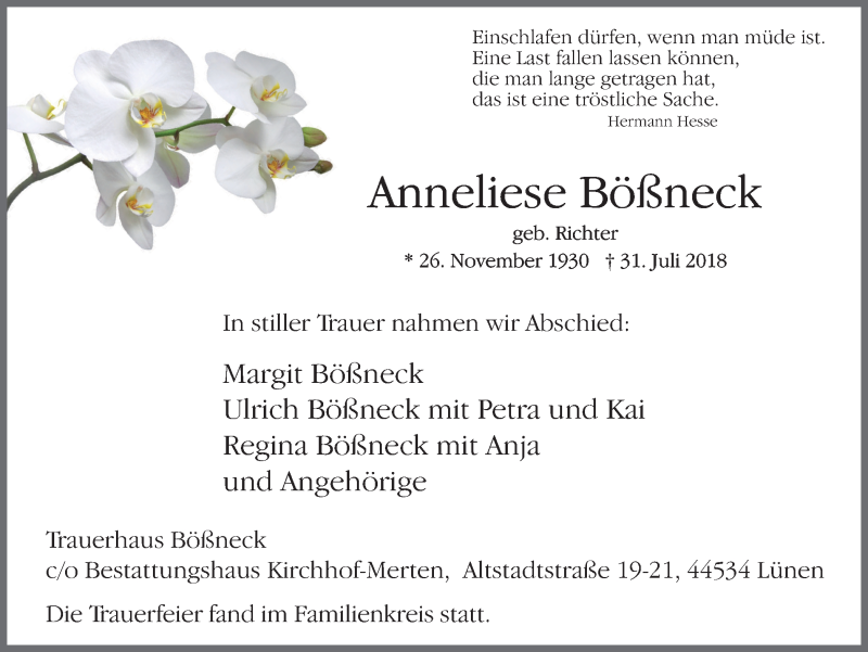  Traueranzeige für Anneliese Bößneck vom 08.08.2018 aus Lüner Anzeiger
