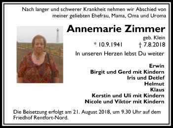 Traueranzeige von Annemarie Zimmer von Stadtspiegel Gladbeck