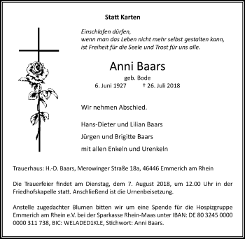 Traueranzeige von Anni Baars von Stadtanzeiger Emmerich/Rees/Isselburg