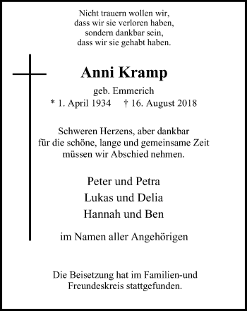 Traueranzeige von Anni Kramp von Wochen-Anzeiger Oberhausen