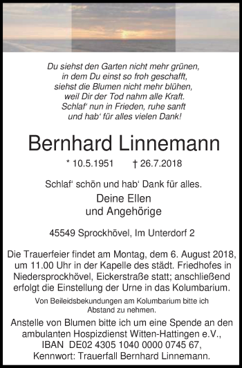 Traueranzeige von Bernhard Linnemann von Stadtspiegel Hattingen/Niedersprockhövel
