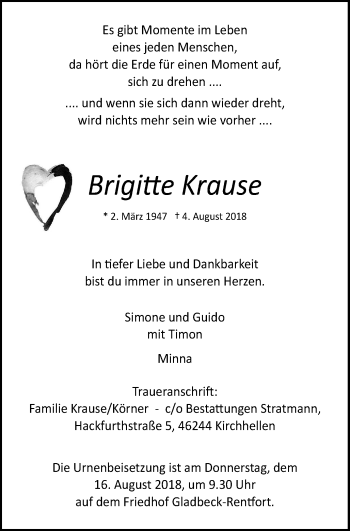 Traueranzeige von Brigitte Krause von Stadtspiegel Bottrop
