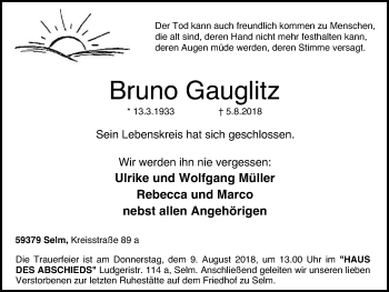 Traueranzeige von Bruno Gauglitz von Lüner Anzeiger