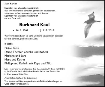 Traueranzeige von Burkhard Kaul von Wochen-Anzeiger Oberhausen