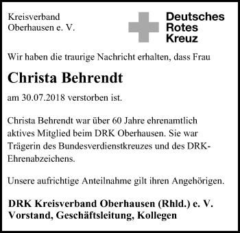 Traueranzeige von Christa Behrendt von Wochen-Anzeiger Oberhausen