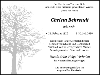 Traueranzeige von Christa Behrendt von Wochen-Anzeiger Oberhausen