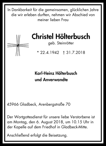 Traueranzeige von Christel Hölterbusch von Stadtspiegel Gladbeck