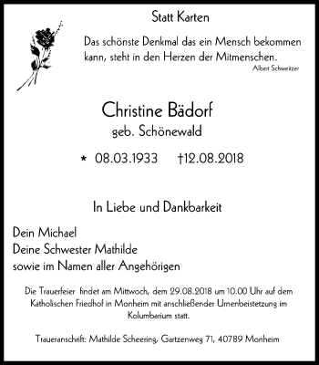 Traueranzeige von Christine Bädorf von Wochen-Anzeiger Langenfeld/Monheim/Hilden