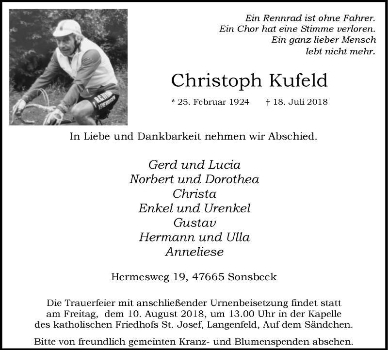  Traueranzeige für Christoph Kufeld vom 04.08.2018 aus Wochen-Anzeiger Langenfeld/Monheim/Hilden