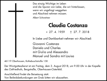 Traueranzeige von Claudia Costanza von Wochen-Anzeiger Oberhausen