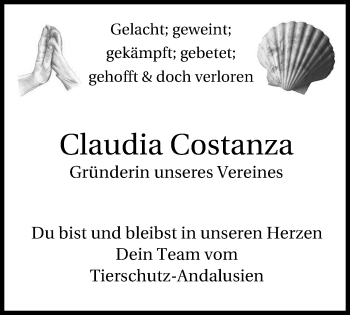 Traueranzeige von Claudia Costanza von Wochen-Anzeiger Oberhausen