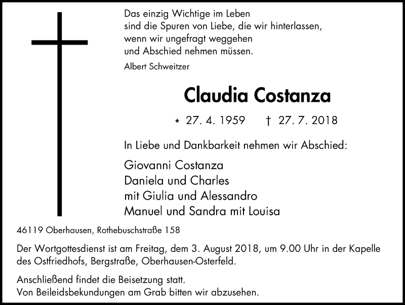  Traueranzeige für Claudia Costanza vom 01.08.2018 aus Wochen-Anzeiger Oberhausen