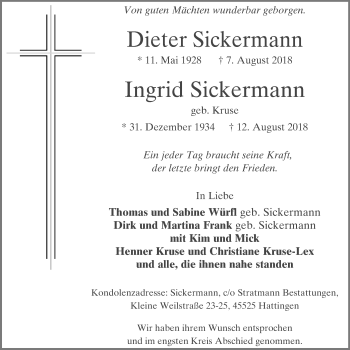 Traueranzeige von Dieter und Ingrid Sickermann von Stadtspiegel Hattingen/Niedersprockhövel