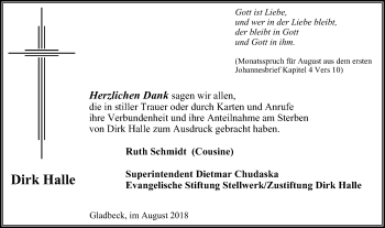 Traueranzeige von Dirk Halle von Stadtspiegel Gladbeck