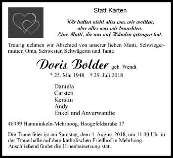 Traueranzeige von Doris Bolder von Der Weseler + Der Xantener