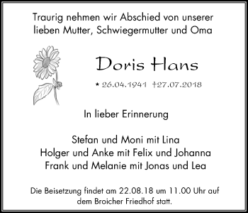 Traueranzeige von Doris Hans von Mülheimer Woche