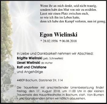 Traueranzeige von Egon Wielinski von Stadtspiegel Bochum + Wattenscheid