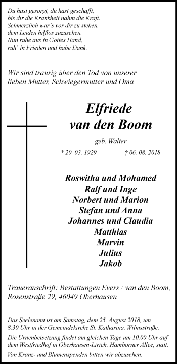 Traueranzeige von Elfriede van den Boom von Wochen-Anzeiger Oberhausen
