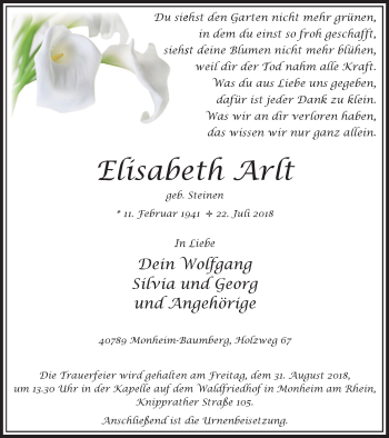 Traueranzeige von Elisabeth Arlt von Wochen-Anzeiger Langenfeld/Monheim/Hilden