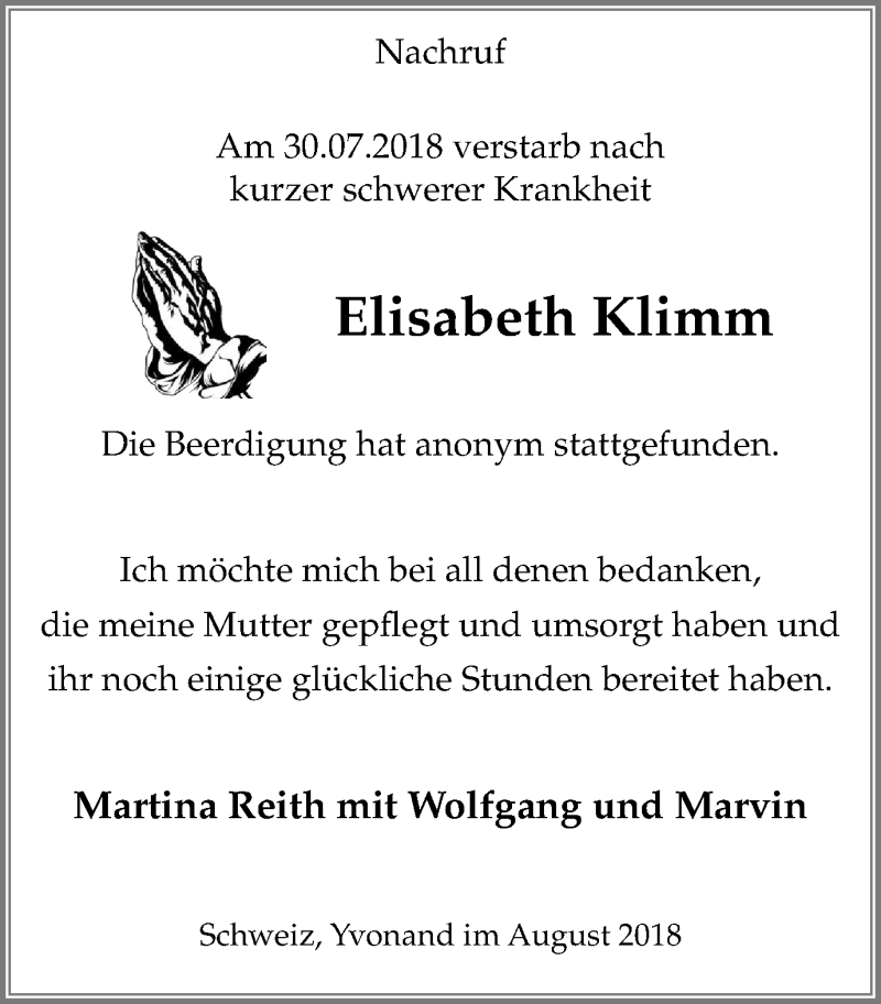  Traueranzeige für Elisabeth Klimm vom 22.08.2018 aus Stadtanz.Castrop-Rauxel