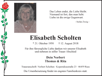 Traueranzeige von Elisabeth Scholten von Stadtanzeiger Emmerich/Rees/Isselburg