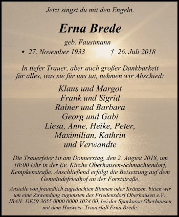 Traueranzeige von Erna Brede von Wochen-Anzeiger Oberhausen
