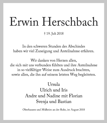 Traueranzeige von Erwin Herschbach von Wochen-Anzeiger Oberhausen
