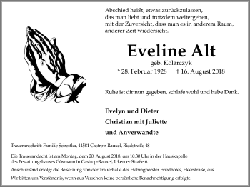 Traueranzeige von Eveline Alt von Stadtanz.Castrop-Rauxel