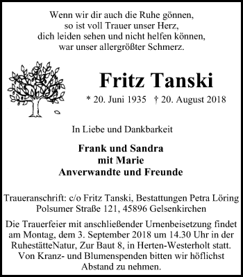 Traueranzeige von Fritz Tanski von Stadtspiegel Gelsenkirchen
