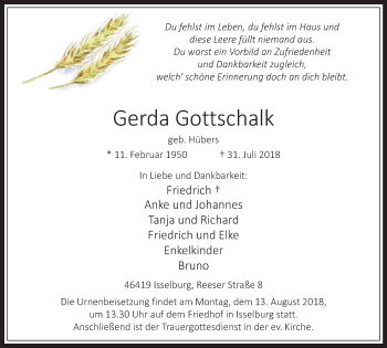Traueranzeige von Gerda Gottschalk von Stadtanzeiger Emmerich/Rees/Isselburg