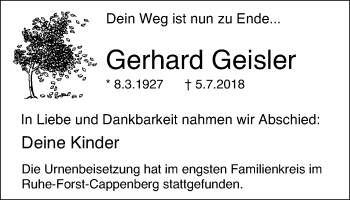 Traueranzeige von Gerhard Geisler von Lüner Anzeiger