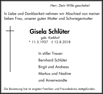 Traueranzeige von Gisela Schlüter von Stadtspiegel Gladbeck