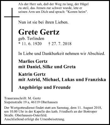 Traueranzeige von Grete Gertz von Wochen-Anzeiger Oberhausen