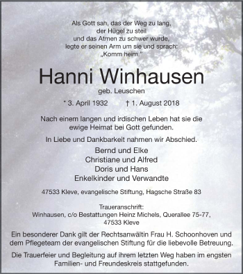 Traueranzeige von Hanni Winhausen von Klever Wochenblatt