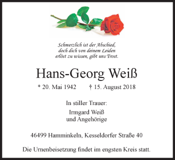 Traueranzeige von Hans-Georg Weiß von Der Weseler + Der Xantener