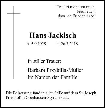 Traueranzeige von Hans Jackisch von Wochen-Anzeiger Oberhausen
