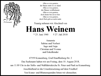 Traueranzeige von Hans Weinem von Klever Wochenblatt