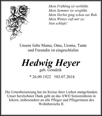 Traueranzeige von Hedwig Heyer von Stadtanz.Castrop-Rauxel