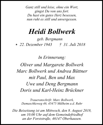 Traueranzeige von Heidi Bollwerk von Wochen-Anzeiger Oberhausen
