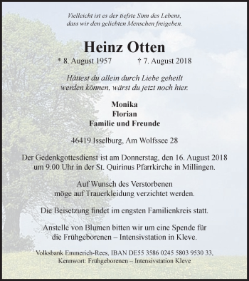 Traueranzeige von Heinz Otten von Stadtanzeiger Emmerich/Rees/Isselburg