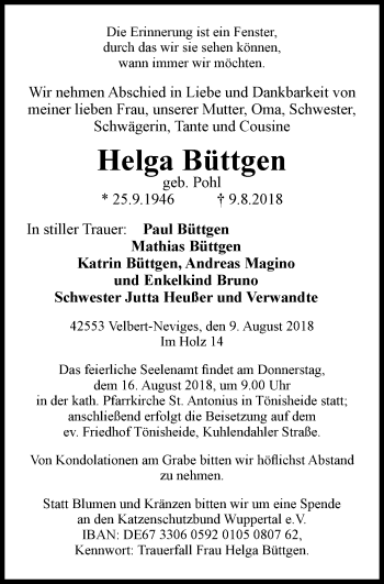 Traueranzeige von Helga Büttgen von Stadtanzeiger Velbert + Heiligenhaus