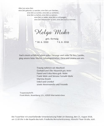 Traueranzeige von Helga Mohr von Stadtanzeiger Velbert + Heiligenhaus