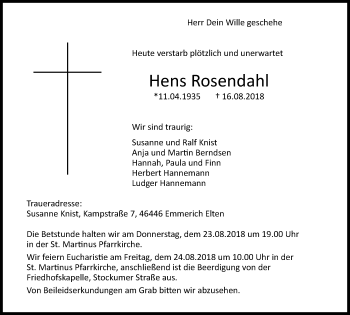 Traueranzeige von Hens Rosendahl von Stadtanzeiger Emmerich/Rees/Isselburg